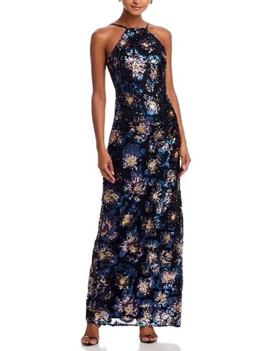New ADRIANNA PAPELL Sequin Floral Column Maxi Gown Blue Multi Size 8 $370